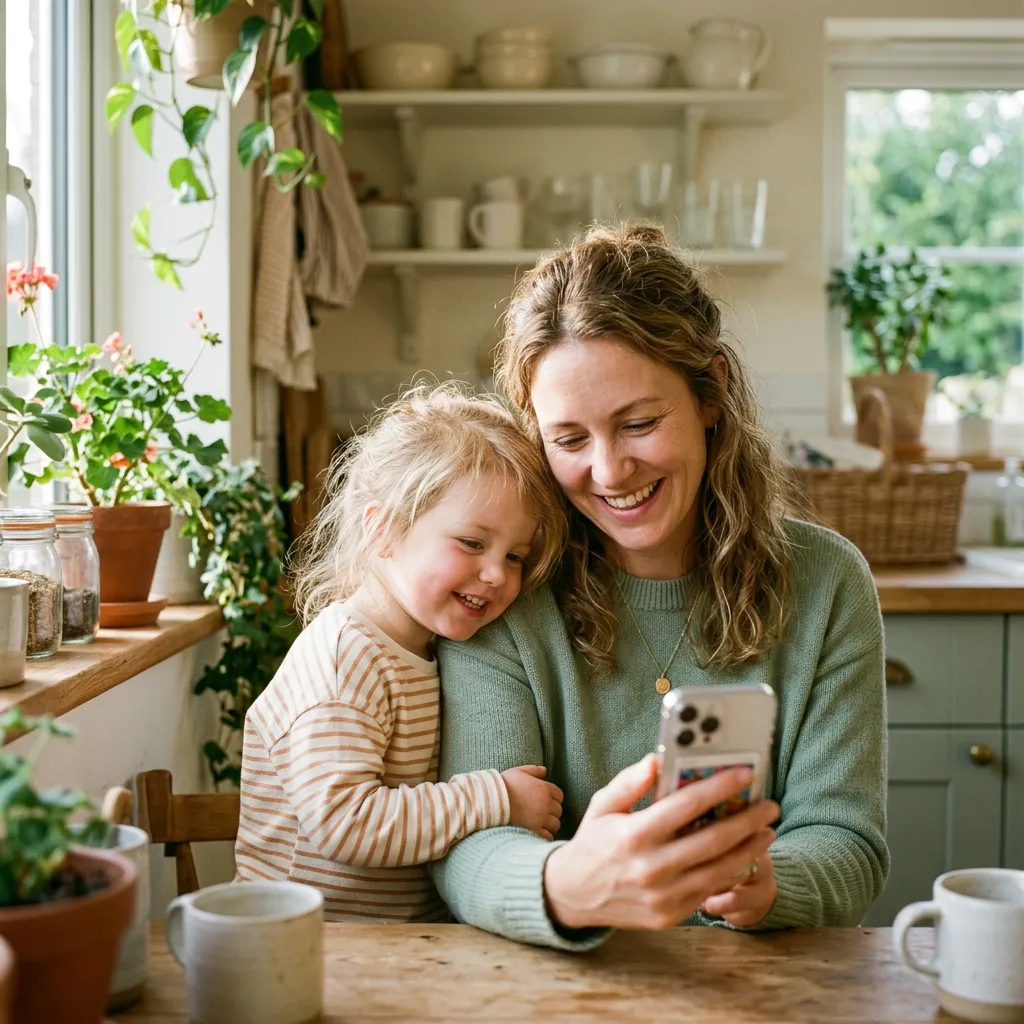Ein Elternteil schaut mit einem Kind in der Küche gemeinsam aufs Smartphone.